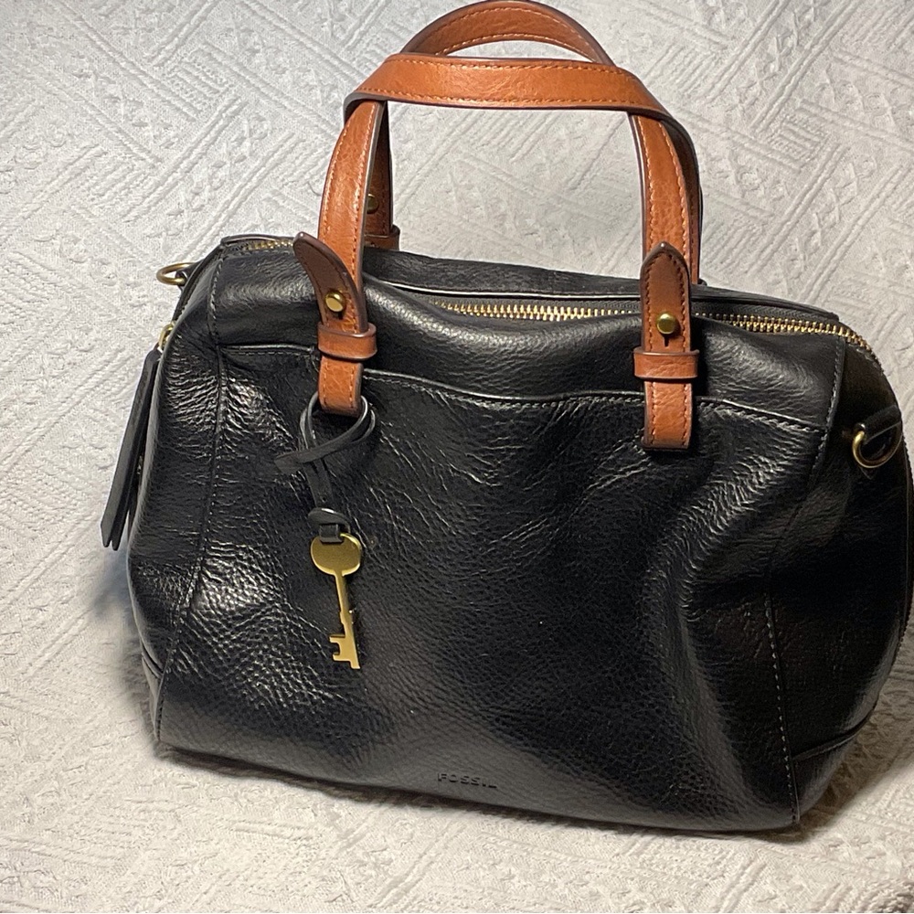 Fossil Black Leather Satchel with Brown Handles